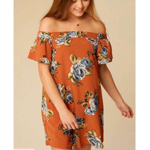 Altar’d State Off The Shoulder Floral Orange Dress - Picture 1 of 6